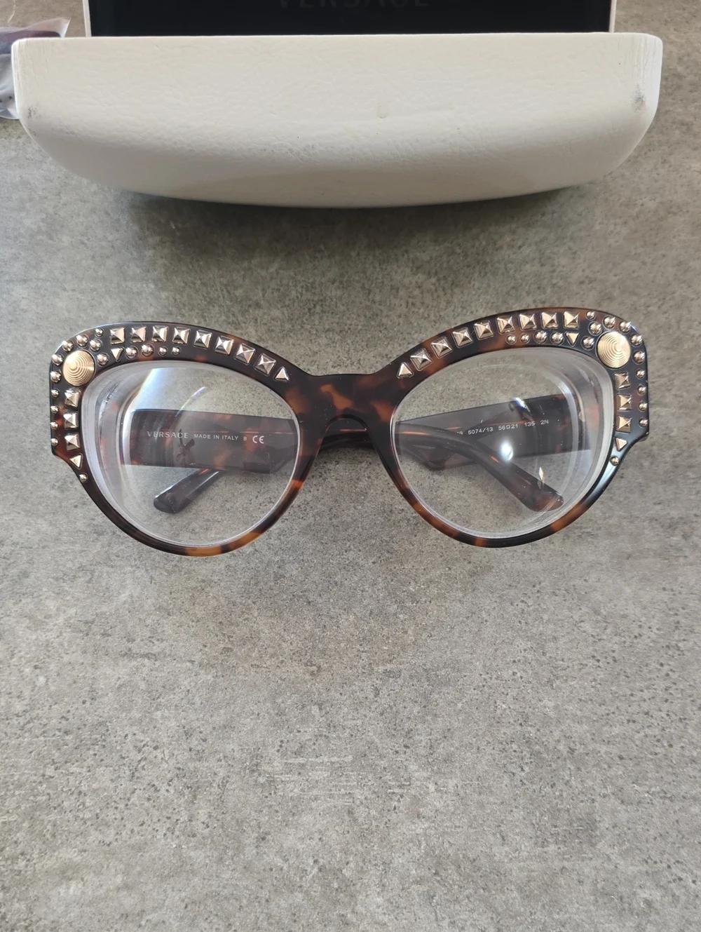 Versace Tortoiseshell Cat-Eye Glasses with Gold Studs